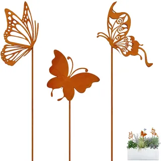 Ljevandria Gartenstecker Rost Schmetterling Gartendeko für draußen wetterfest Frühlingsdeko Sommerdeko Rostige Metall Blumenstecker Deko für Garten Terrasse Balkon Blumentopf (3 Schmetterlinge)