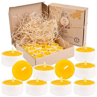 BeesWax World Teelichter aus 100 % natürlichem Bienenwachs | 10-50-teiliges Set mit stabilen Dochten | Ø 37 mm | 4 Std Brenndauer – Metall | Transparent | Weiß – Allergiefrei (White, 25)