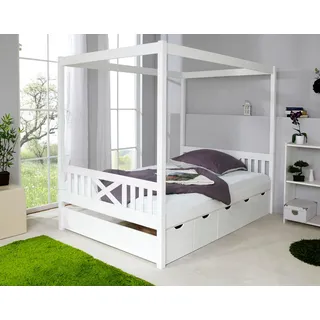 TICAA Himmelbett Lino 140 x 200 cm Kiefer massiv weiß