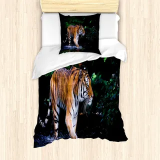 ABAKUHAUS Safari Mantele, Wild Jungle Tiger Baum, Milbensicher Allergiker geeignet mit Kissenbezügen, 135 cm x 200 cm - 80 x 80 cm, Grün Orange Brown - Grün