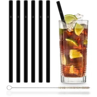 HALM Schwarze Glasstrohhalme Wiederverwendbare Strohhalme - 6 Stück gerade 20 cm + plastikfreie Reinigungsbürste - Spülmaschinenfest - Nachhaltig - Glastrinkhalme Glasstrohalm