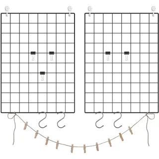 SONGMICS Fotowand aus Drahtgitter, 2er Set, Wanddekor, Wandgitter, DIY, multifunktionale Gitterwand, mit S-Haken, Klammern und Hanfschnur, schwarz LPP01H