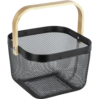 WENKO Badkorb Mod. Bambusa, Dekorativer Korb aus matt lackiertem Stahl kombiniert mit hochwertigem Bambus Tragegriff, Tragekorb im Loft-Style, trendiges Accessoire in 25 x 17 x 25 cm, Schwarz/Natur