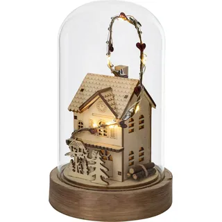 LED-Deko Glaskuppel | weiß/natur | Winterhaus | 20 cm | Glas / Holz | Weihnachtsdeko | warmes Licht - Braun