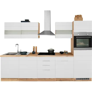 Küchenzeile KOCHSTATION "KS-Luhe", weiß (küche: weiß, front: weiß matt, korpus: wotaneichefarben, arbeitsplatte: wotaneichefarben), B:300cm T:60cm, Komplettküchen-Sets, Küchenzeile, 300 cm breit, wahlweise mit oder ohne E-Geräten, gefräste MDF-Fronten