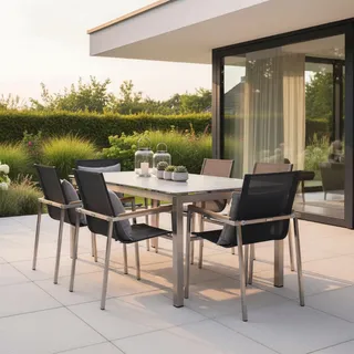 Gardenson Dining-Loungeset , Grau, Silberfarben , Holz, Metall, Kunststoff, Glas, Textil , Teakholz , 160x74x90 cm , Fsc , UV-beständig, wetterfest , Gartenmöbel, Gartengarnituren, Gartenmöbel-Sets