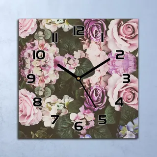 Wanduhr Echt-Glas-Küchenuhr Barocke Blumen Quarz Lautlos 30x30 Deko Bilder - Rosa