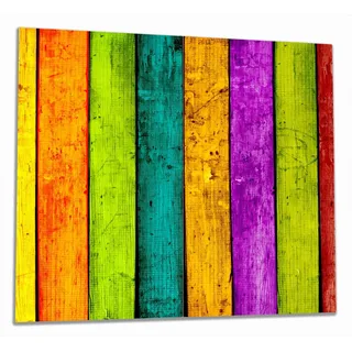 Wallario Herdabdeckplatte aus Glas, Größe 60 x 52 cm 2-teilig, Motiv Buntes Holz - bunte Streifen mit Farbe und Holzstruktur