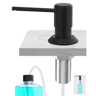 Poveta Seifenspender Schwarz Matt, Seifenspender Küche Einbau für Spülbecken, Spülmittelspender Küche mit 300ML Flasche und 1,2 m Schlauch, Seifenspender aus Kupfer, Oben Befüllen, Edelstahlmuttern