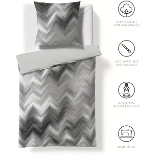 Wendebettwäsche FLEURESSE "Valencia", grau, B/L: 155cm x 220cm, 1 Stk., 1 Stk., Flanell, B/L: 80cm x 80cm, 2 Stk., Flanell, Obermaterial: 100% Baumwolle, Bettwäsche, Wendebettwäsche, kuschelweicher Flanell mit Samt-Finish