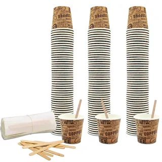 COFFISANO Set mit 150 Kaffeebechern 75 ml aus braunem Papier + 150 Holzstäbchen; Einwegbecher und Rührstäbchen, recycelbar, für Restaurants, Büro, Sport, Bar, Espresso