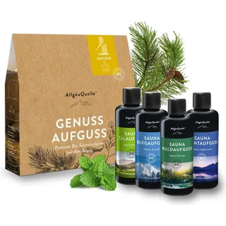 AllgäuQuelle Naturprodukte Saunaaufguss Set Bio 4er Sauna Zubehör 4x100ml Sauna Aufguss - Sauna Set inkl. Karte mit Allgäu Insider-Tipps