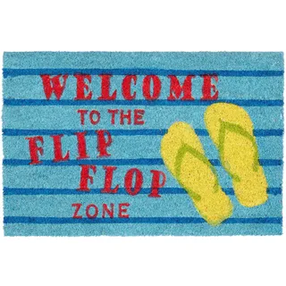 Relaxdays Fußmatte Kokos Spruch FLIP FLOP ZONE 40 x 60 Kokosmatte mit rutschfester PVC Unterlage bunte Türmatte Fußabtreter aus Kokosfaser als Schmutzfangmatte und Sauberlaufmatte Türvorleger, blau