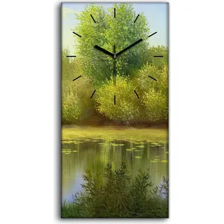 Wanduhr Bürouhr Leinwand Bild Geräuschlos 30x60 Waldlandschaft Holzsee Wasser - schwarze Hände - Grün