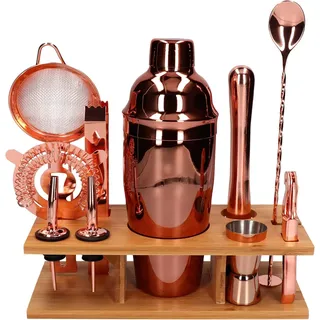 Whiskey Rocks 11-er Cocktail Shaker Set mit Bambusständer - Cocktail & Bar Zubehör - Paris Shaker 750 ml - Barkeeper Set - Bar Set - Cocktail Messbecher & Stößel - Barlöffel - Edelstahl - Kupferglanz