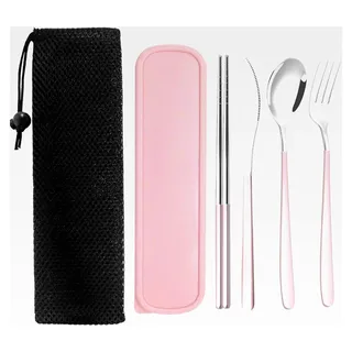 Edelstahl-Besteckset mit Etui - Tragbares Reisebesteck, Wiederverwendbares Gabel-Löffel-Messer-Essstäbchen-Set für Büro, Schule, Reisen, Camping, Picknick (Rosa, Silbrig)
