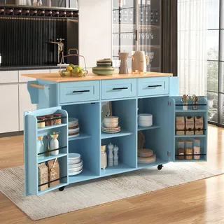 okwish Sideboard Küchenwagen mit Rollen,abnehmbare Füße,klappbare Arbeitsplatte, Blau - Blau