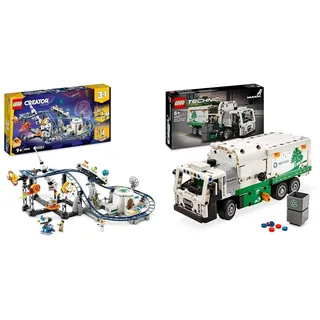 LEGO Creator 3-in-1 Weltraum-Achterbahn, Bausatz Einer Spielzeug-Kirmes mit funktionierenden Wägen & Technic Mack LR Electric Müllwagen, Müllauto-Modell für Recycling-Rollenspiele