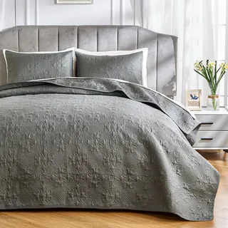 Qucover Tagesdecke 220x240 Grau, Ultra Weiche Tagesdecke Bettüberwurf, Bedspreads aus Mikrofaser, Steppdecke bei Ultraschall genäht mit 2 Kissenbezügen, Sofa Überwurfdecke Wohndecke für Bett