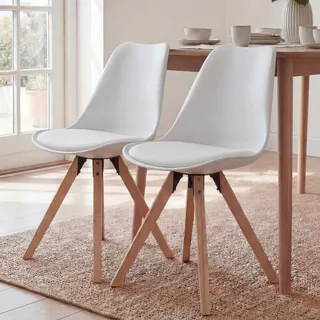 FineBuy Esszimmerstühle Weiß 2er Set Skandinavische Stühle Holzbeine Retro Stuhlset Kunststoff Küchenstühle mit Kunstleder Lehnenstuhl Küchenstuhl - Weiß