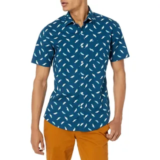 Amazon Essentials Herren Kurzärmeliges Sommerhemd mit Aufdruck, Normale Passform, Grünblau Vögel, L