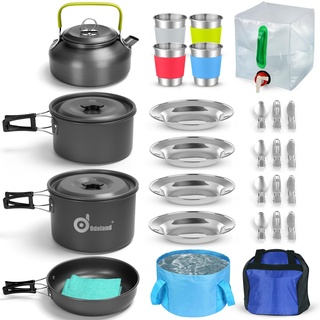 Odoland Camping Geschirr Set 29 Teiliges Outdoor Kochgeschirr Set für 12L Faltschüssel Faltbare Topf & Pfanne aus Aluminium und Edelstahl Kaffeekanne Camping Besteck im Picknick für 4 Personen