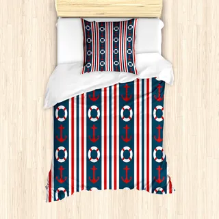 ABAKUHAUS Nautisch Mantele, Stripes Maritime, Milbensicher Allergiker geeignet mit Kissenbezügen, 135 cm x 200 cm - 80 x 80 cm, Indigo Rot Weiß