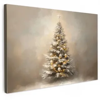 MuchoWow Leinwandbild Weihnachten - Weihnachtsbaum - Schnee - Kunst Wanddeko 90x60 cm , Champagner , Textil , Kiefer , Rechteckig , 90x60 cm , FSC 100% , gerahmt , Bilder & Rahmen, Bilder, Leinwandbilder