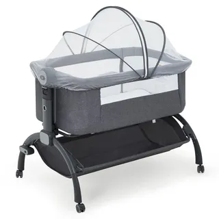 3-in-1 Baby Beistellbett – Höhenverstellbar & Tragbar, Mit Rollen | Abnehmbarem Moskitonetz & Stauraumkorb – Atmungsaktives Reisebett für Neugeborene & Kleinkinder