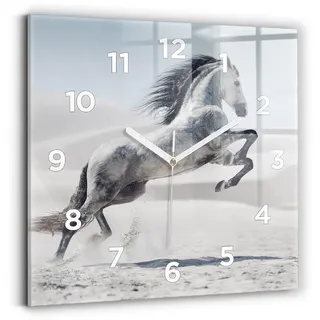 Wallfluent Wanduhr – Stilles Quarzuhrwerk - Uhr Dekoration Wohnzimmer Schlafzimmer Küche - Zifferblatt - weiße Zeiger - 30x30 cm - Galoppierendes weißes Pferd - Weiß