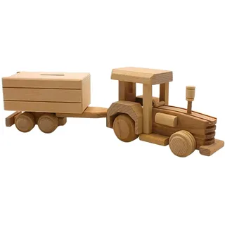 Dekorative fahrbare Holz - Spardose, Sparbüchse als Traktor, Trecker Spardose, Sparschwein Trecker, Spardose Traktor, Spartraktor aus Buchenholz, Zum selber gestalten, L/B/H 36 x 8 x 12 cm.