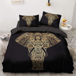 Luowei Bettwäsche 155x220cm Schwarz Gold Elefant Indisch Stil Weiche Microfaser Bohemien Deckenbezug mit Reißverschluss + 2 Kissenbezug 80x80cm