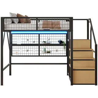 Okwish Hochbett 140x200cm mit LED Beleuchtung Jugendzimmer, Schwarz ohne Matratze