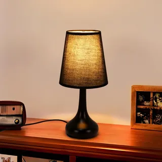Comely Tischlampe Retro Stoffschirm Schwarz – Vintage Nachttischlampe E27 Fassung, 1.5m Kabel mit Schalter, Dekolampe für Schlafzimmer Wohnzimmer Büro
