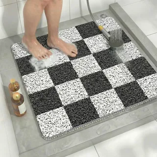 Duschmatte rutschfest 60x60 cm Quadratisch kariert, Schnelltrocknende & Schimmelresistente PVC Badematte als Antirutschmatte für Dusche und Duschkabine, Waschbare Duschunterlage, Schwarz Weiß kariert