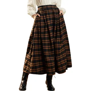 SCARLET DARKNESS Damen Rock Langer Plaid Elastische Taille Mittelalter Rock | A-Linie Rock Damen Herbst Gothic Halloween Rock Steampunk Rock