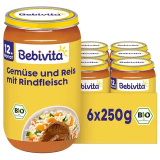 Bebivita Gemüse-Reis mit Rindfleisch, 6er Pack (6x250g), Menü ab 12. Monat