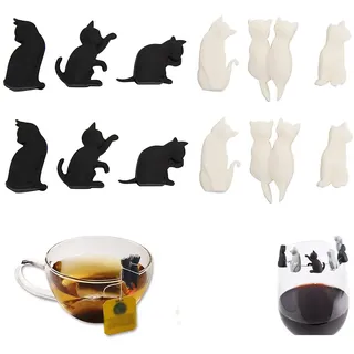 Hezhou 12 Stück Glasmarker, Weinglasmarker, Silikon, Teebeutelhalter, wiederverwendbar für Weinglas, Champagnerglas, Cocktailglas, Trinkglas, Katzenform-Design, Schwarz und Weiß