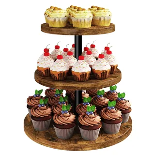 IBUYKE Cupcake-Ständer mit 3 Ebenen,Cupcake-Turm aus Holz,Runder Dessertständer Tortenständer,Muffinständer, Dessertbaum für Weihnachten, Geburtstag, Hausparty, Hochzeit,Braun TLJ017H
