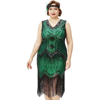 BABEYOND Damen Plus Size Flapper Kleider 1920er Jahre V Ausschnitt Perlen Fransen Great Gatsby Kleid, Grün, 4X-Groß