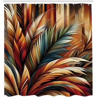 ABAKUHAUS Ästhetik Duschvorhang, Boho mit exotischen Blättern in warmen Tönen auf rustikalem Hintergrund, Stoffliches Gewebe mit Haken, 175 x 200 cm, Verbranntes Orange, Teal Blau