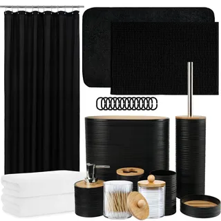 Icegrey 25-teiliges Bambus-Badezimmer-Zubehör-Set mit Duschvorhang-Set und Teppichen, Becher, Zahnputzbecher, Seifenspender, Seifenschale, WC Bürste, Mülleimer, Qtip Halter und Handtuch, Schwarz
