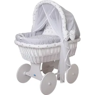 WALDIN Baby Stubenwagen-Set mit Ausstattung,XXL, Bollerwagen, komplett,grau/Sterne-grau,Gestell/Räder weiß lackiert - Grau