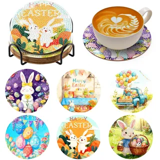 BNG Easter Egg Diamond Painting Untersetzer Mit Halter, 6 Stück DIY Bastel Untersetzer für Erwachsene, Kunstmalerei Sets für Frauen, Anfänger, Diamant Bastelzubehör