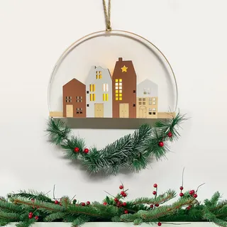 Türkranz Weihnachten, Weihnachtsdeko tür Fensterdeko Hängend, Weihnachten Deko LED Dekoring mit Holzhaus, 28 cm, Weihnachtskranz, Weihnachten Winter Deko Hänge Metall Ring mit Kranz