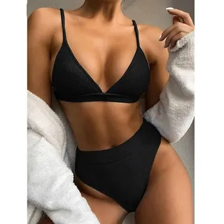 XUNHOU Badeanzug Figurformender One Piece,Modischer einfarbiger Triangel-Bikini,Damen geteilt Gerippter Badeanzug-Schwarz_M,Top Hoch Tailliert Bottom Bikini Set