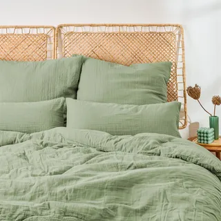 Blumtal Musselin Bettwäsche 155x220 cm + 80x80 cm - Oeko-TEX zert. Bettwäsche 155x220 Musselin aus 100% Baumwolle - extra weiches Bettwäsche-Set waschbar bei 40 °C - Sommerbettwäsche Grün