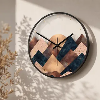 Lautlose 30cm große Wanduhr aus Glas für Wohnzimmer Designeruhr Boho Deko abstrakte Berge Glasbild by Fredriksson