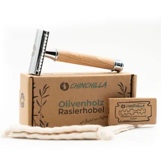 Chinchilla Rasierhobel aus Holz & Metall Zero Waste Rasierer für Damen & Herren Inklusiv 10 Rasierklingen & Aufbewahrungsbeutel Nassrasierer plastikfrei, umweltfreundlich & nachhaltig rasieren
