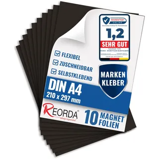 Reorda Magnetfolie DIN A4 selbstklebend 10er Set - Magnetpapier mit starkem Marken-Kleber - Magnetplatte zuschneidbar für Kühlschrank, Tafeln & Poster - Magnetische Folie selbstklebend für's Basteln